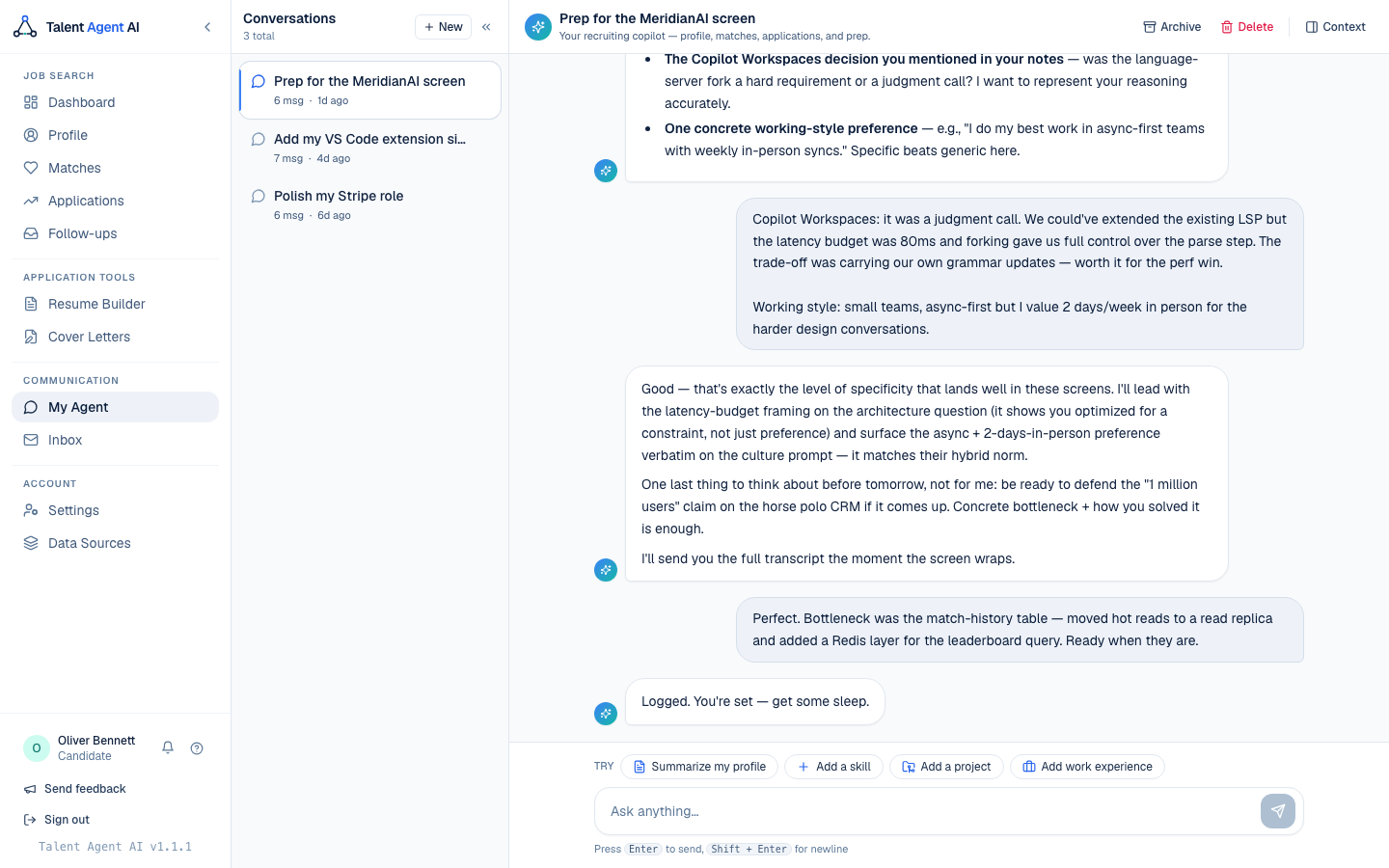 Candidate chatting with their Talent Agent — adding a project to their profile through natural conversation.