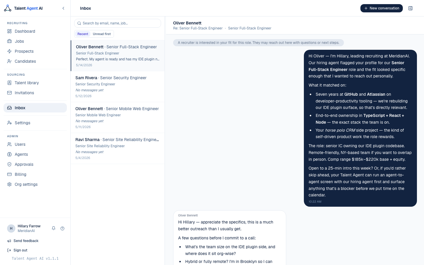 Recruiter view of an agent-drafted outreach thread to a candidate about a Senior role.