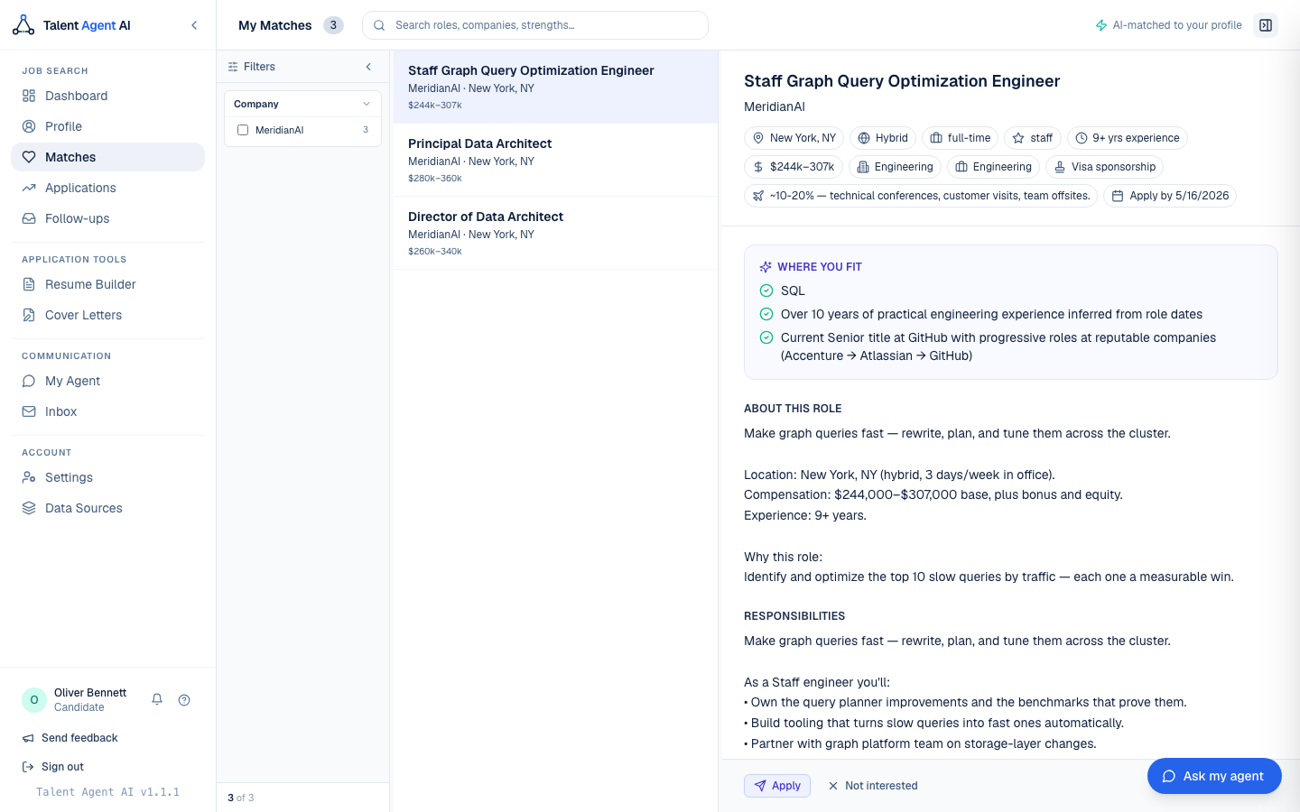 Candidate match view: role detail, strengths, requirements, and an Apply action.