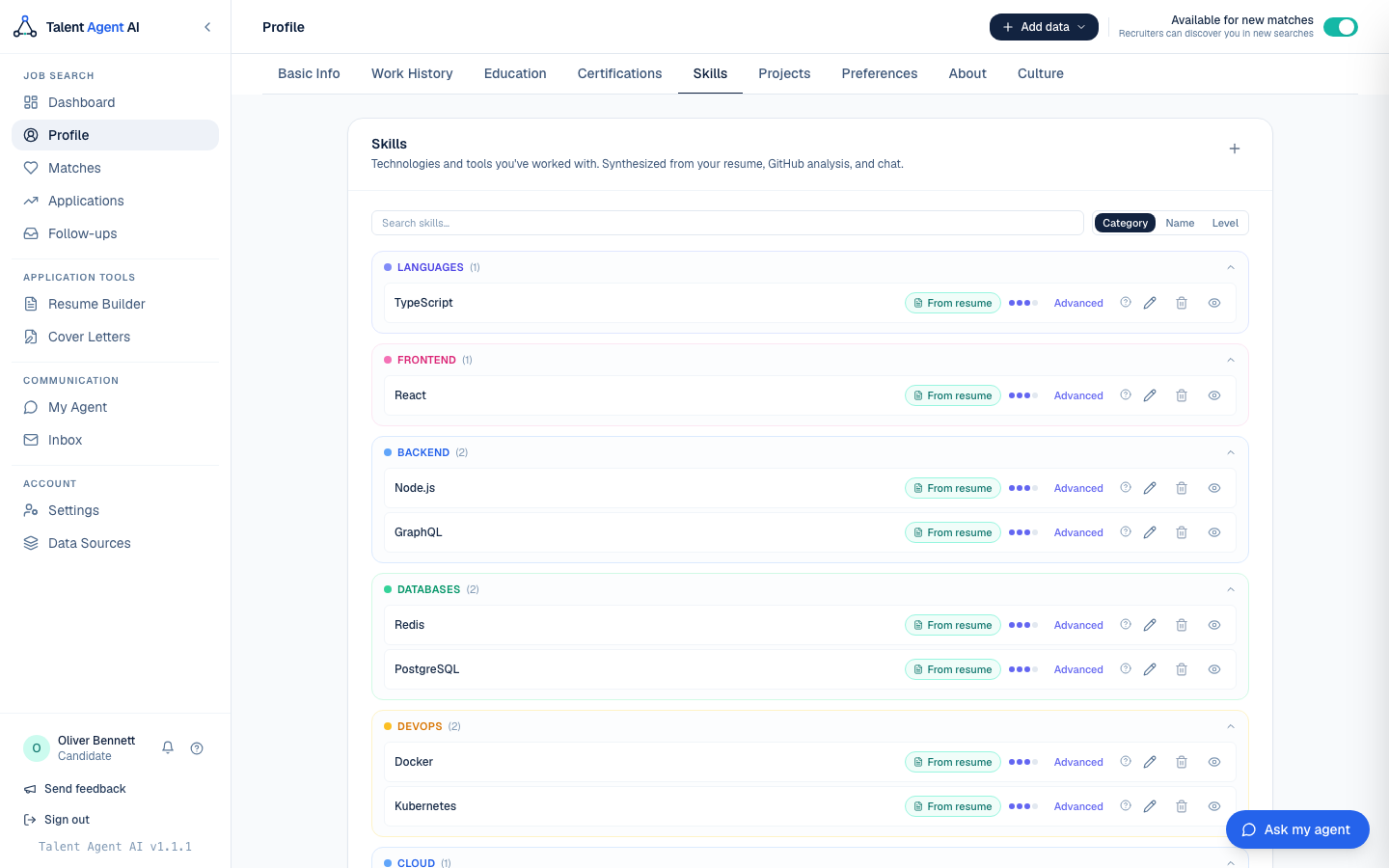 Candidate profile showing AI-extracted skills grouped by category, each tagged with its source.